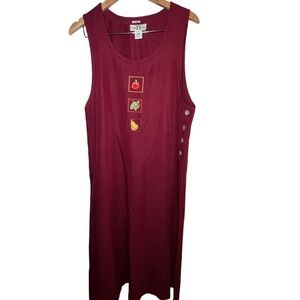 Vintage 90s Maxi Jumper Dress 14 Red Cotton  Embroidery Side Buttons Cottagecore